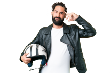 Young man with beard with a motorcycle helmet over isolated chroma key background having doubts and thinking