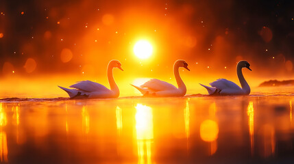 Naklejka premium Three graceful swans glide on calm water at sunrise, bathed in warm, golden light