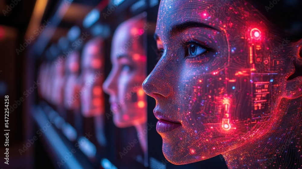 Poster a captivating exhibition features illuminated digital human faces, highlighting advanced artificial 