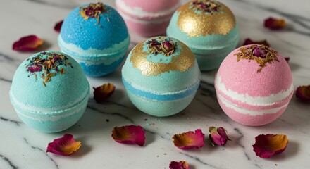 Colorful bath bombs arranged on a marble surface.