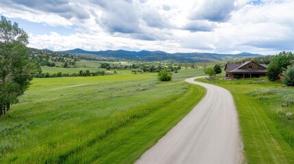 Fototapeta premium Scenic gravel road winding through a lush green valley towards a rustic log cabin, nestled against a backdrop of majestic mountains under a partly cloudy sky. : Generative AI
