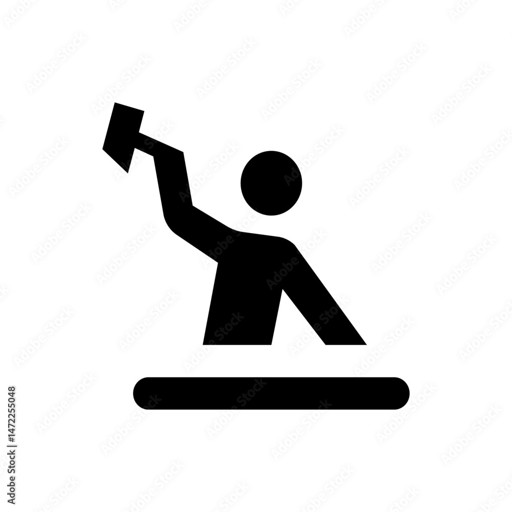 Poster silhouette of a person holding a hammer above a table in a simple black and white graphic design sty
