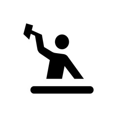 Silhouette of a person holding a hammer above a table in a simple black and white graphic design style