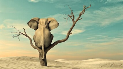 Lonely Elephant stands on thin branch of withered tree in surreal landscape. illustration      