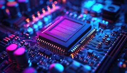 Fototapeta premium A close-up of a circuit board with a central chip and electronic components, illuminated with blue and purple lights.