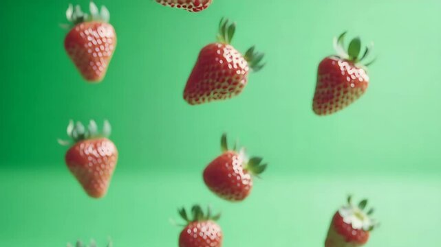 fruit motio, Strawberries fall on green screen with bounce motion effect, isolated strawberries fall on green screen for food animation, dynamic strawberries fall on green screen for healthy ad design