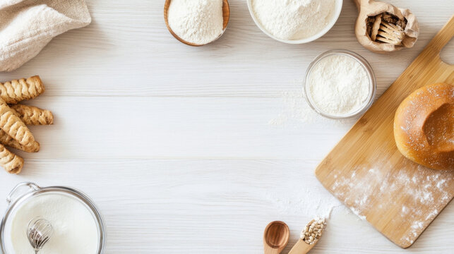 A baker's workspace featuring various flours, pastries, and a freshly baked bread roll, arranged on a white wooden table. : Generative AI