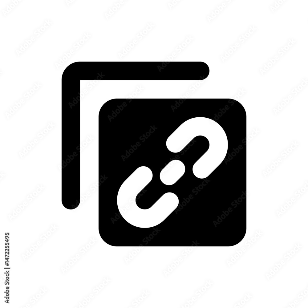 Poster black square with rounded corners containing a white chain link icon and a black rectangle shape top