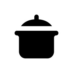 Illustration of a black cooking pot with a lid, featuring a simple, rounded design on a white background