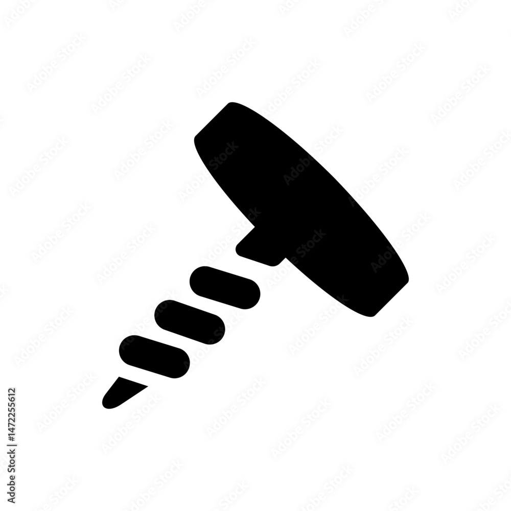Poster illustration of a black auger with a handle and a drill bit on a white background in a simple style 