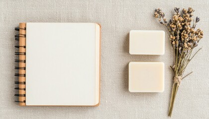 Creative workspace action aesthetic sketchbook and natural decor on linen surface minimalist style top-down view artistic concept