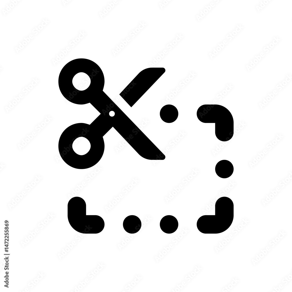 Poster scissors cutting along a dotted line creating a cut out shape on a white background design icon tool