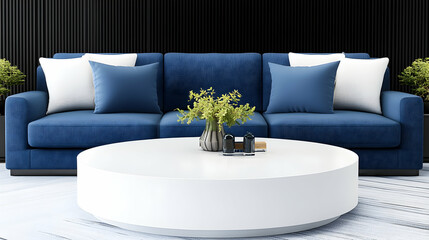 Modern living room with a blue sofa, white coffee table, and simple decor