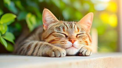 Fototapeta premium Relaxed tabby cat basking in sunlit garden