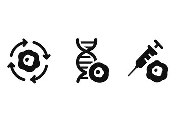 Vector icon set illustrating cell division, DNA structure, and vaccination process in healthcare