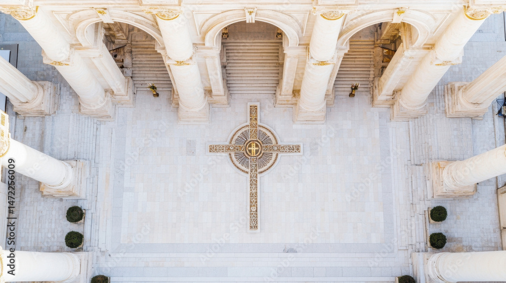 Leinwandbilder aerial view of a grand courtyard featuring a large ornate cross inlaid into the light-colored stone 