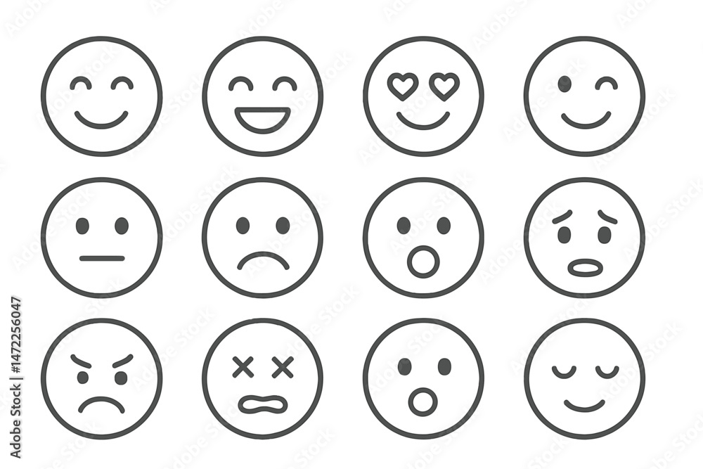 Poster collection of vector icons depicting various facial expressions from happiness to sadness and surpri
