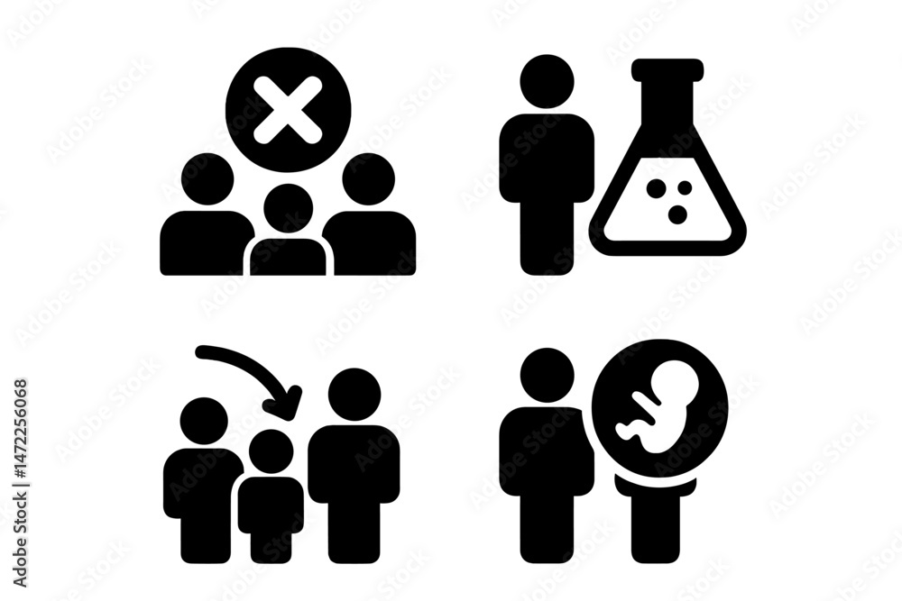 Poster vector icons depicting various stages of a scientific process from exclusion to analysis and observa