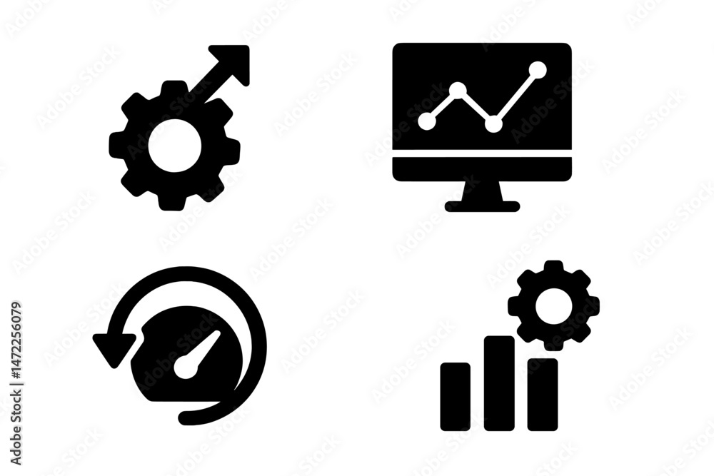 Poster vector icons illustrating growth, analytics, and efficiency in business processes with gears and gra