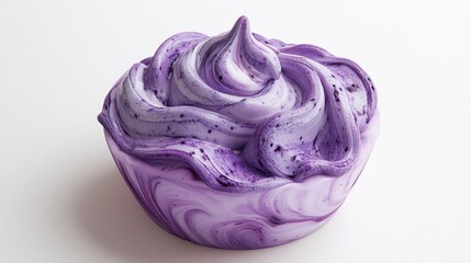 Obraz premium A 3D depiction of a blueberry cheesecake ice cream scoop with swirls, on a white background