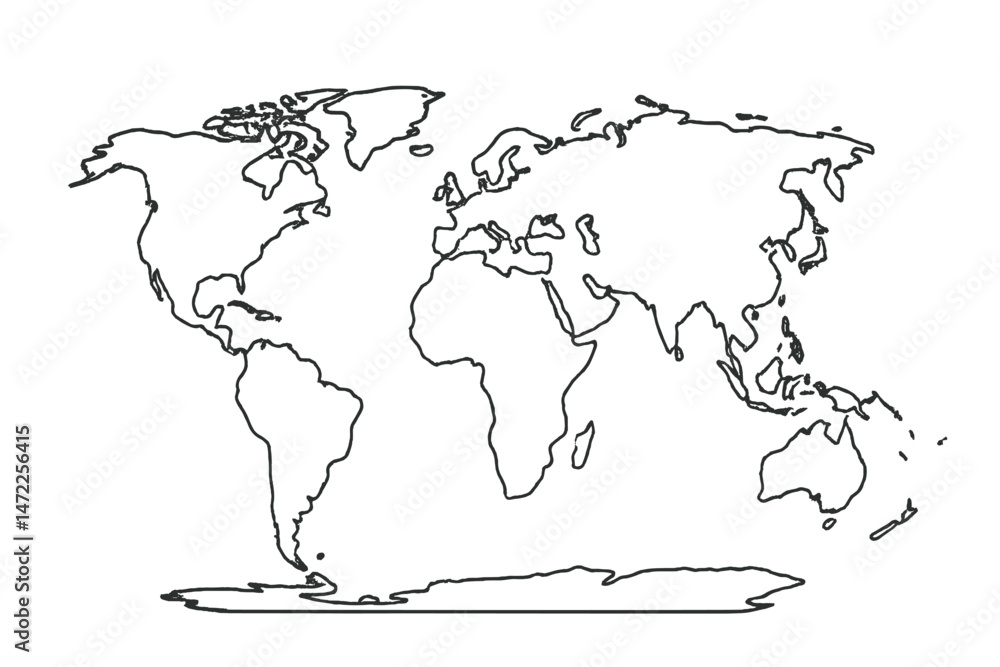 Poster outline of a world map featuring continents and countries depicted in minimalist vector style