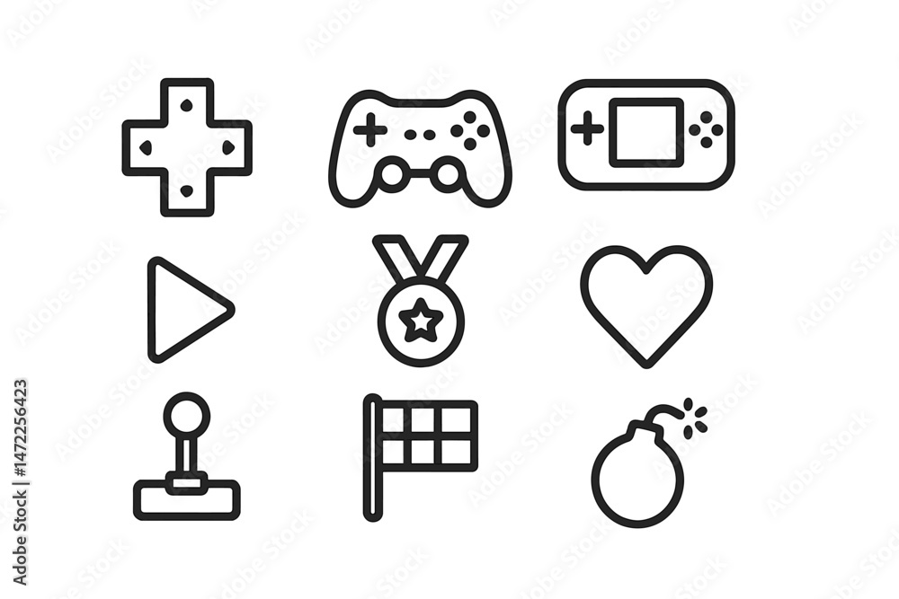 Poster vector icon set depicting various gaming elements including controllers, hearts, and game-related sy