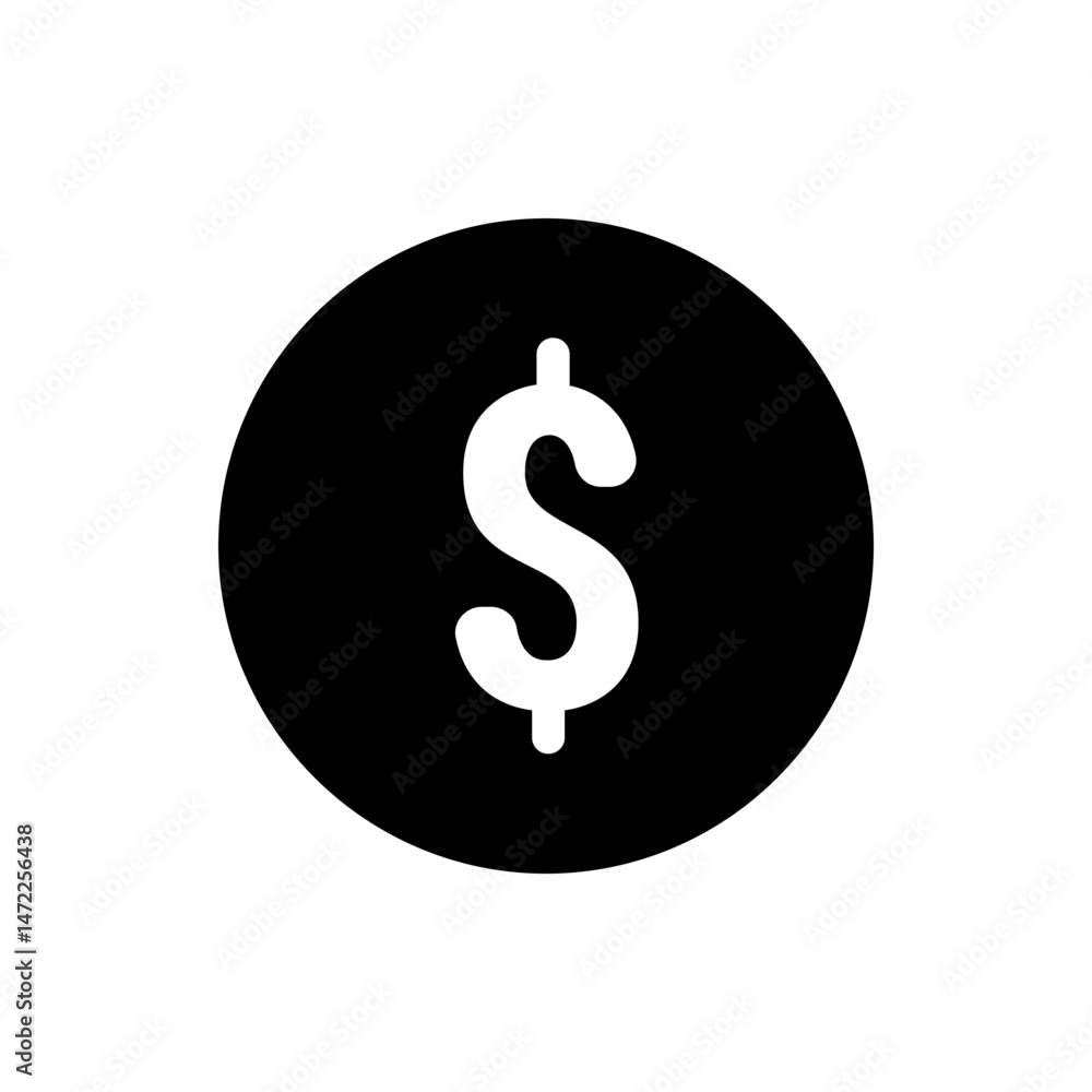 Poster illustration of a white dollar sign centered within a solid black circle on a white background view 