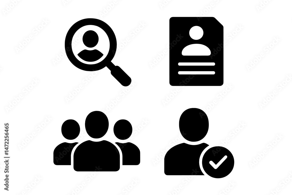 Poster vector icon set representing user search, profile, group, and verification symbols for digital appli