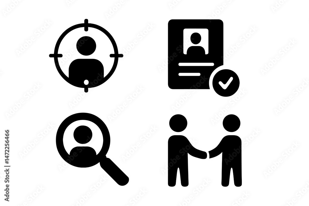 Poster vector icons depicting user identification, verification, and networking activities including search