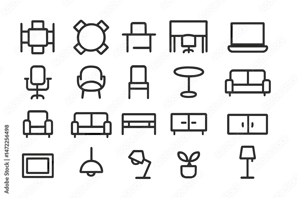 Poster vector icons depicting various furniture items for interior design concepts and graphic projects