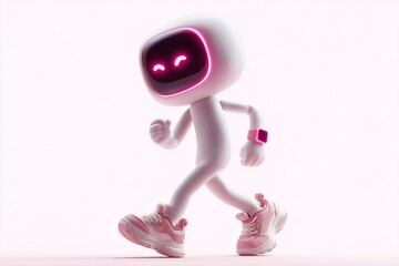 Minimal 3D robot in a futuristic design wearing sneakers and a smartwatch, showcasing playful technology and modern innovation.

