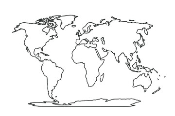 Outline of a world map featuring continents and countries depicted in minimalist vector style