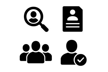 Vector icon set representing user search, profile, group, and verification symbols for digital applications and interfaces