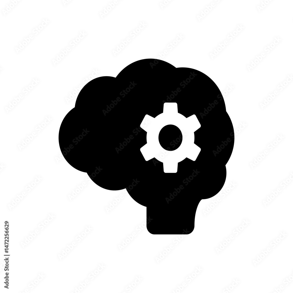 Poster black silhouette of a brain with a white gear inside representing cognitive function and intelligenc