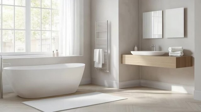 A contemporary white bathroom with sleek surfaces, a freestanding tub, and stylish fixtures in soft lighting