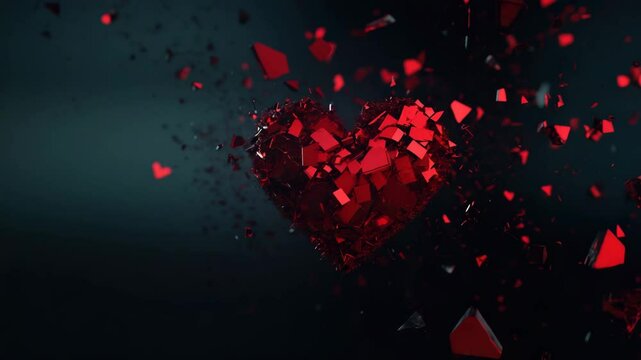 A heart shattering into red fragments, creating a visual representation of heartbreak and emotion.