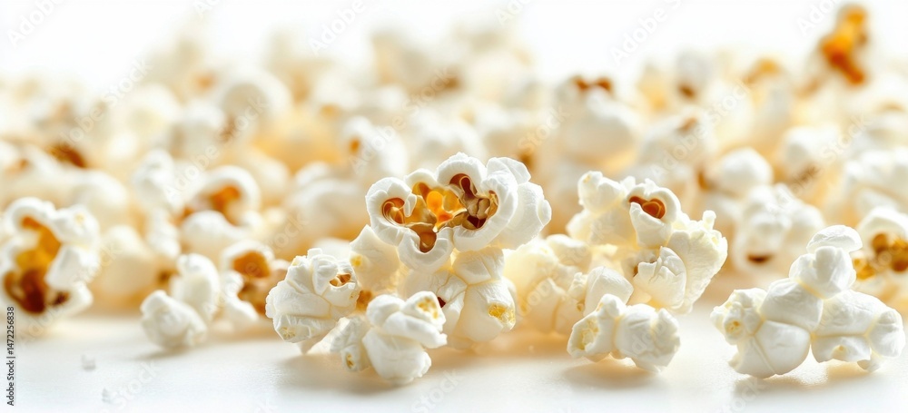 Poster A close up view of fluffy, freshly popped popcorn kernels, scattered on a white surface.  The kernels are light and airy, showcasing their delicate texture and golden-brown centers. : Generative AI