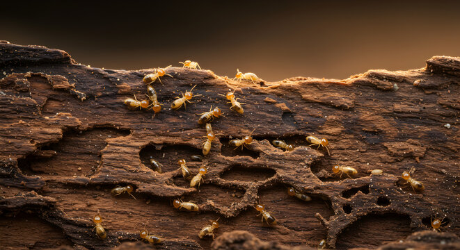Termites Devouring Wood Close Up Showcasing Tunnels and Damage in Dark Brown Texture