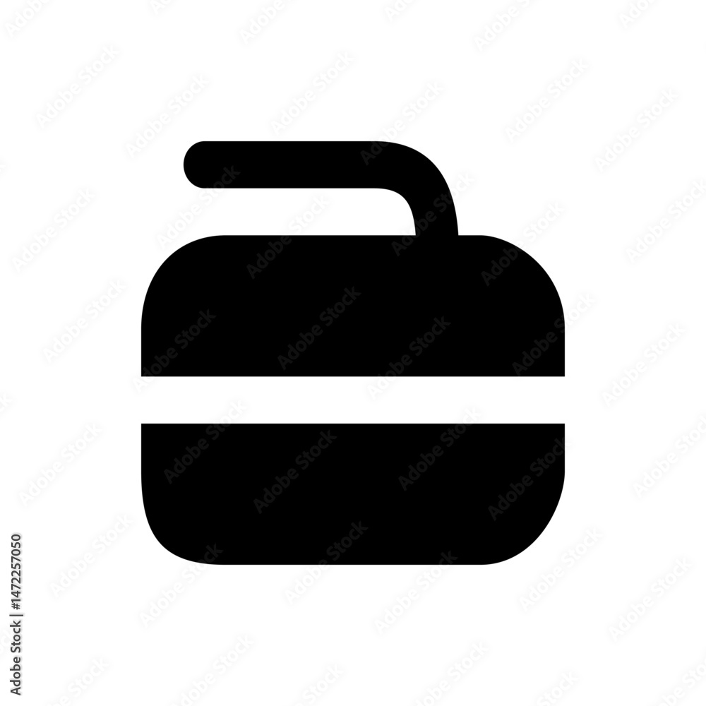 Poster illustration of a curling stone with a handle and a horizontal line across the middle in black color