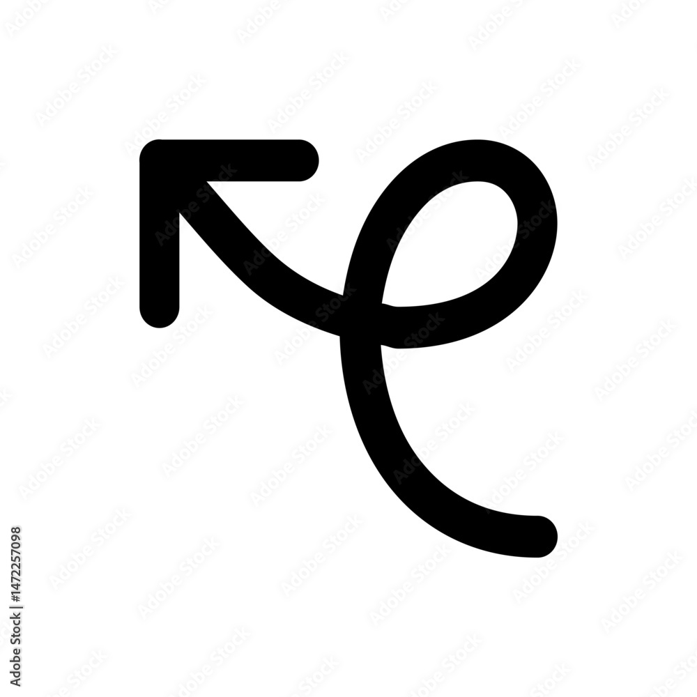 Poster black arrow with a rounded head curves into a loop and then extends downward on a white background i