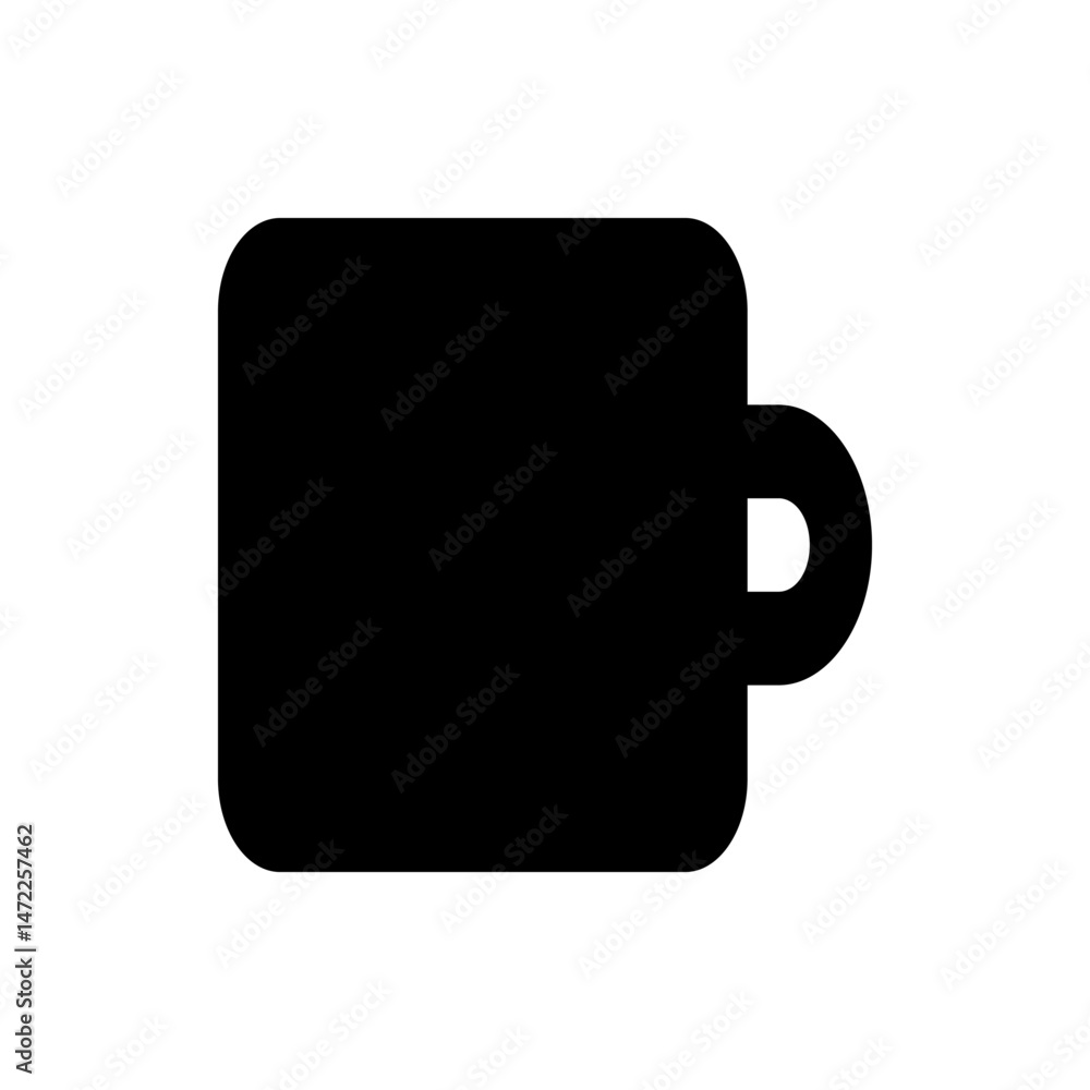 Poster illustration of a solid black coffee mug with rounded edges and a simple handle on a white backgroun