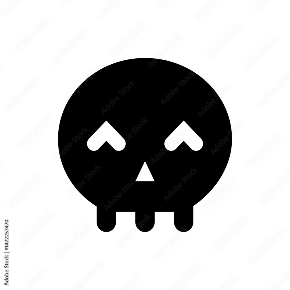 Poster a simple black skull with heart shaped eyes and a triangular nose on a white background design art