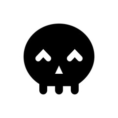 A simple black skull with heart shaped eyes and a triangular nose on a white background design art