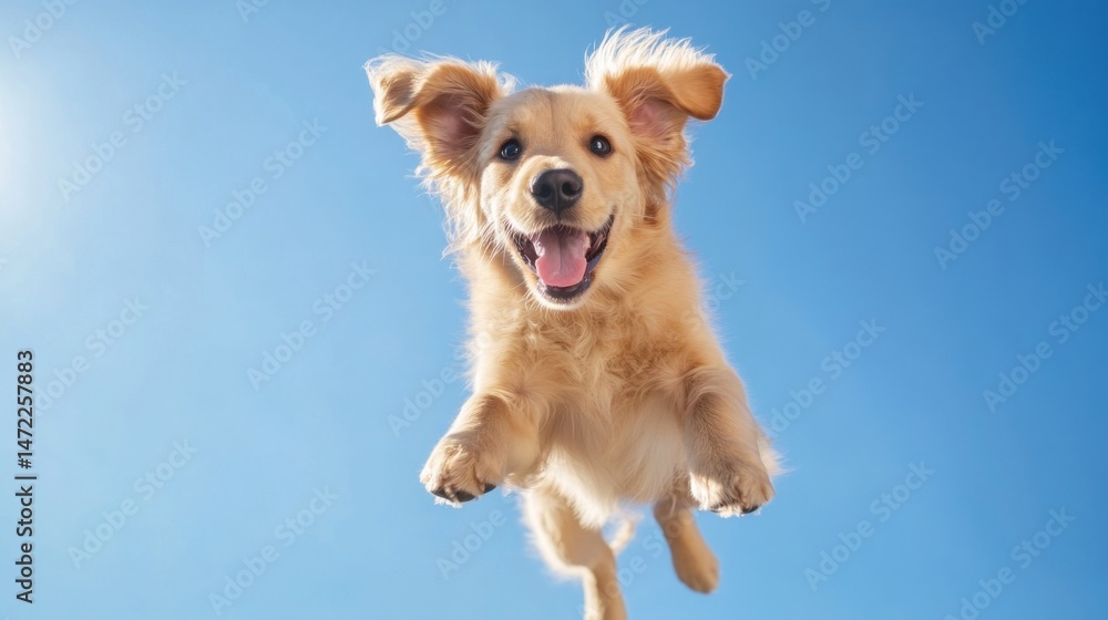 Aufkleber joyful golden retriever puppy leaps playfully against a vibrant blue sky, showcasing its exuberant e
