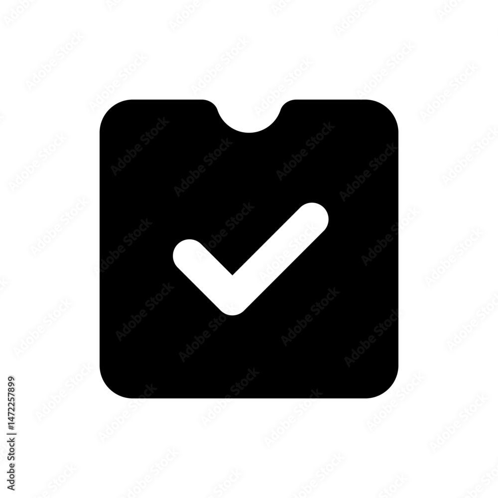 Poster black rounded square with a notch at the top and a white check mark inside indicating completion or 