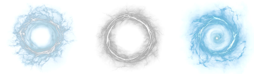 Fototapeta premium Swirling electric vortex with glowing blue lightning ring effect, abstract circular energy burst on transparent background for sci-fi UI, fantasy portal, or magical energy design use