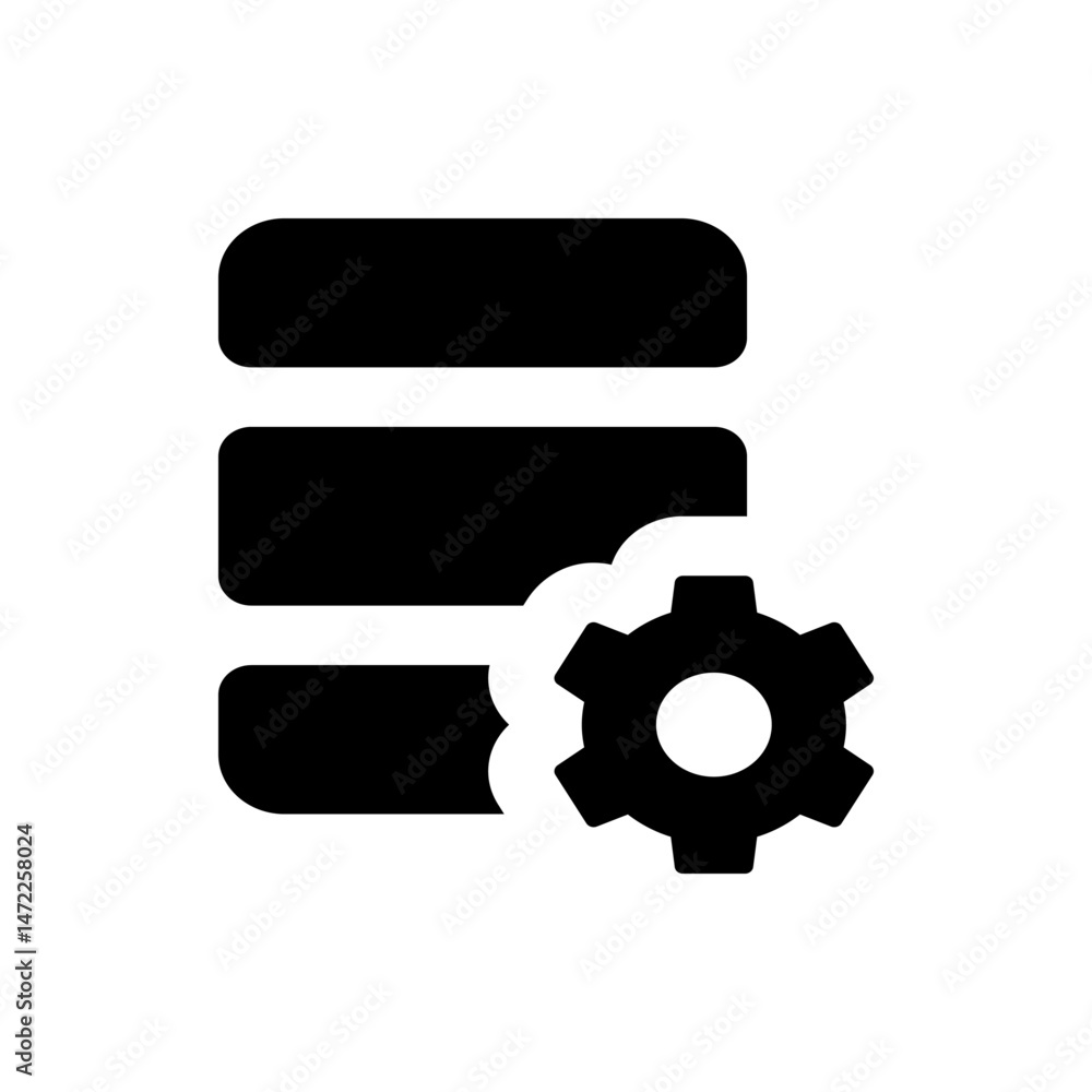 Poster database icon with rounded rectangles stacked vertically and a gear symbol indicating settings, exac