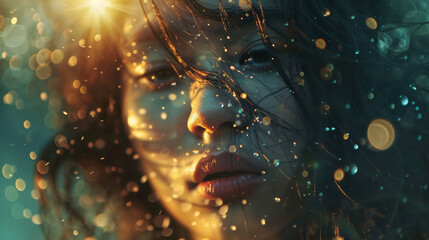 Artistic portrait of young woman's face illuminated by golden light, with floating bokeh particles, creating intimate atmosphere with teal background highlighting emotional depth and inner luminosity