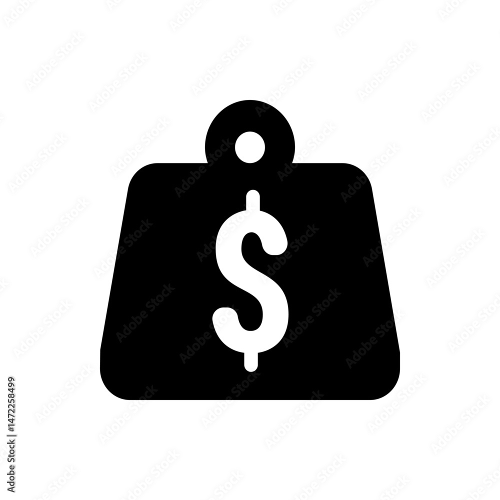 Poster illustration of a black tag with rounded edges and a white dollar sign hanging from a circular loop 