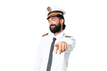 Airplane caucasian pilot man over isolated chroma key background points finger at you with a confident expression
